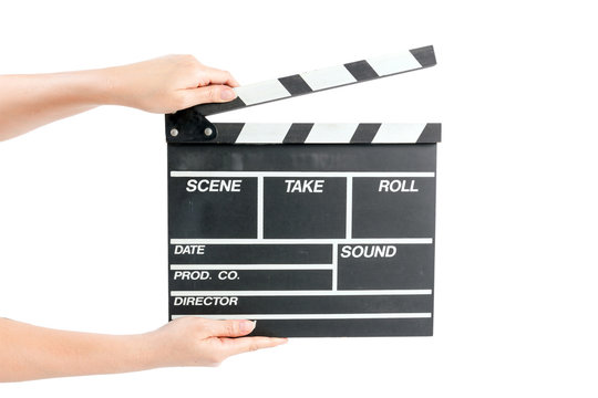 woman holding movie production clapper board isolated on white b
