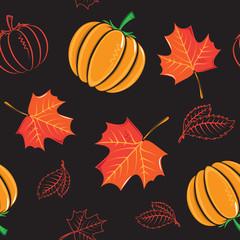Seamless pattern with pumpkins and leaves.