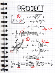 Notepad with a mathematical project with red marks