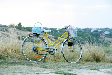 Bicycle in meadow during sunset