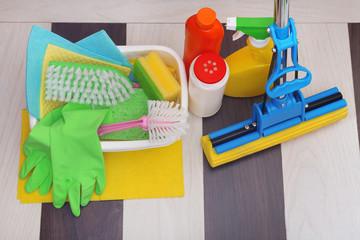 Collection of cleaning products and tools