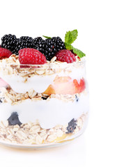 Healthy breakfast - yogurt with  fresh fruit, berries and