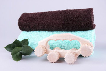 Wooden roller brush, towels and brunch of mint