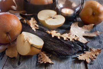 Asian pears, lantern and fall leaves