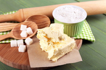 Components of cookies, on color wooden background