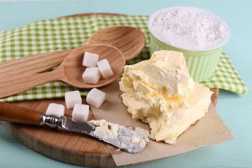 Components of cookies, on color wooden background