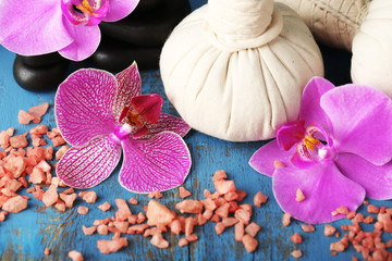 Colorful tropical orchid flowers and spa set