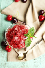 Closeup of cherry granita in glass bowl,