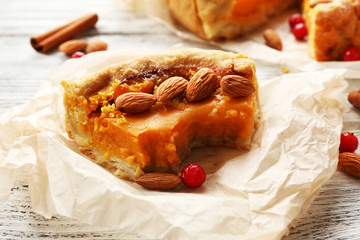 Homemade pumpkin pie on table