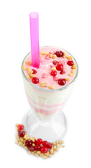 Cranberry milk dessert in glass, isolated on white