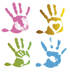 Collection of colored imprint hands, illustration on white