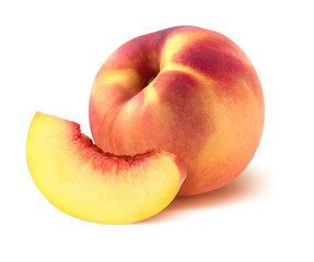 One whole peach and quarter piece isolated on white background