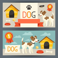 Horizontal banners with cute dog, icons and objects.
