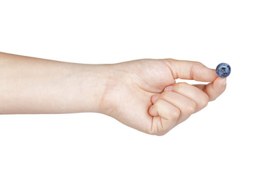 female teen hand holding ripe blueberry