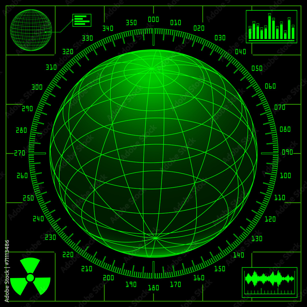 Poster radar screen with digital globe and scale.