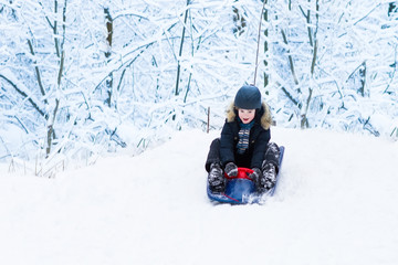 Fototapeta na wymiar Little boy enjoying a sleigh ride in a snowy forest