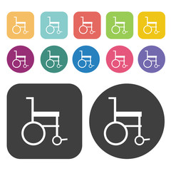 2D wheel chair icon. Disabled Related icons set. Round And Recta