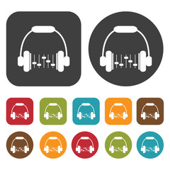 Headphones equalizer icons set. Round and rectangle colourful 12