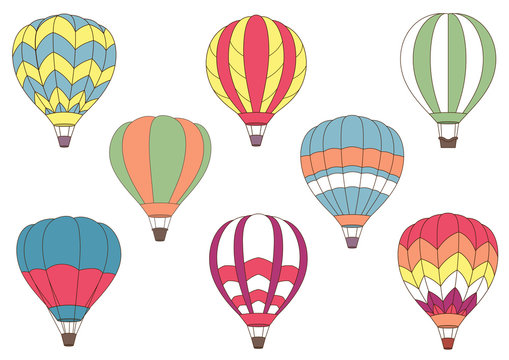 Flying colorful hot air balloon icons