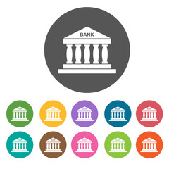 Bank icon. Money finance icons set. Round colourful 12 buttons.