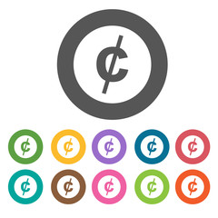 Cent icon. Money finance icons set. Round colourful 12 buttons.
