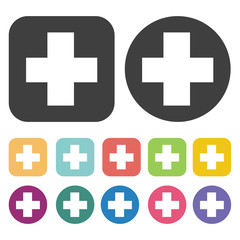 Plus symbol icon. Mouse cusor sign icons set. Round and rectangl