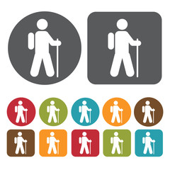 Hiking Man Icon. Recreation Icons Set. Round And Rectangle Colou