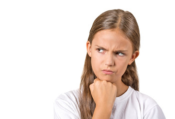 Headshot angry grumpy teenager girl on white background 