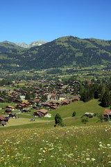 Fototapeta na wymiar Village of Gstaad with mountains