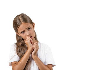 Clueless lazy girl, procrastination concept, white background 