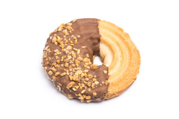 Round Biscuit With Chocolate And Peanuts Isolated On White