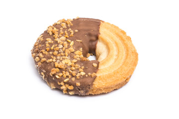 Round Biscuit With Chocolate And Peanuts Isolated On White