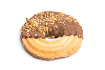 Round Biscuit With Chocolate And Peanuts Isolated On White