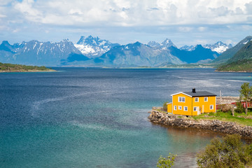 scenic view of fjord, snow mountains and house, Norway, Lofoten