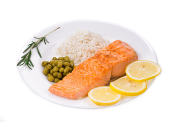 Grilled salmon steak with garnish.