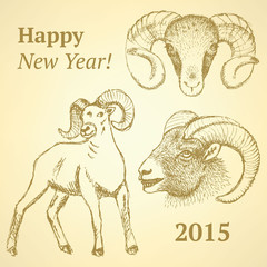 Sketch New Year ram in vintage style