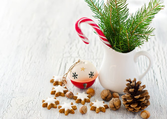 Christmas decoraion with pitcher candy cane cookies