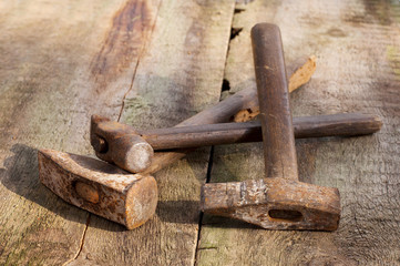 old vintage building tools on a wooden background