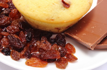 Fresh baked muffins with raisins and pieces of chocolate