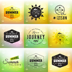 Retro summer label set in doodle sketch style isolated on glass