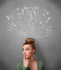 Young woman thinking with sketched arrows above her head