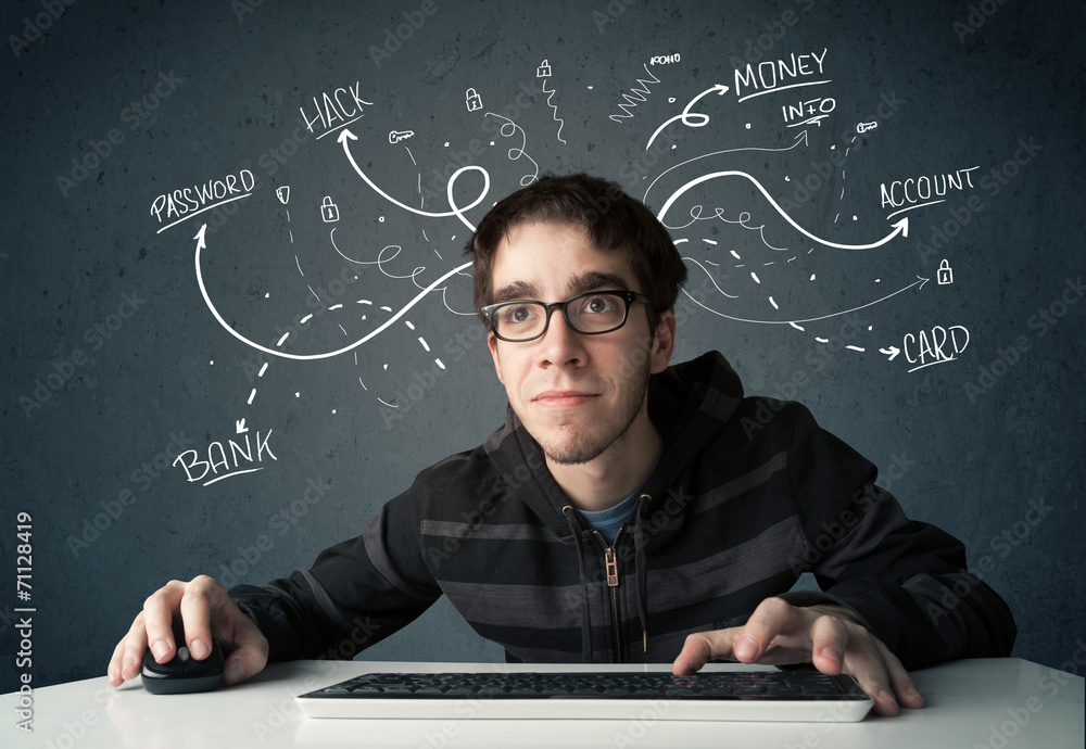 Aufkleber young hacker with white drawn line thoughts