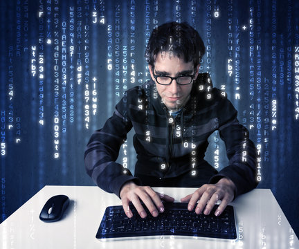 Hacker decoding information from futuristic network technology