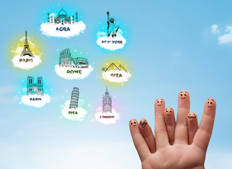 Cheerful finger smileys with sightseeing landmarks icons