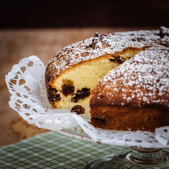 Homemade vanilla cake with raisins. Selective focus