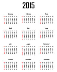 Calendar for 2015 - week starts with sunday