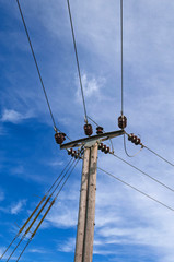 Wooden Power Electricity Pole Pylon,Blue Sky Background