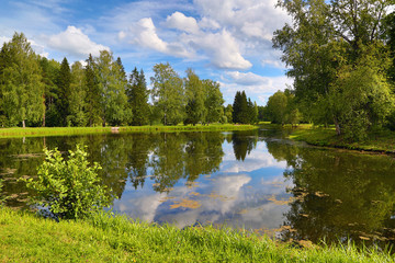 Fototapeta na wymiar summer lake landscape in park