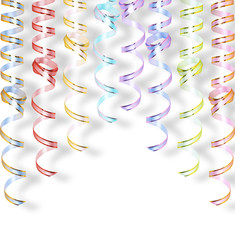 Gold streamers for festive decoration isolated on white backgrou