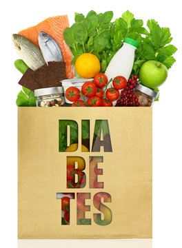 Paper bag with the word diabetes filled with healthy foods